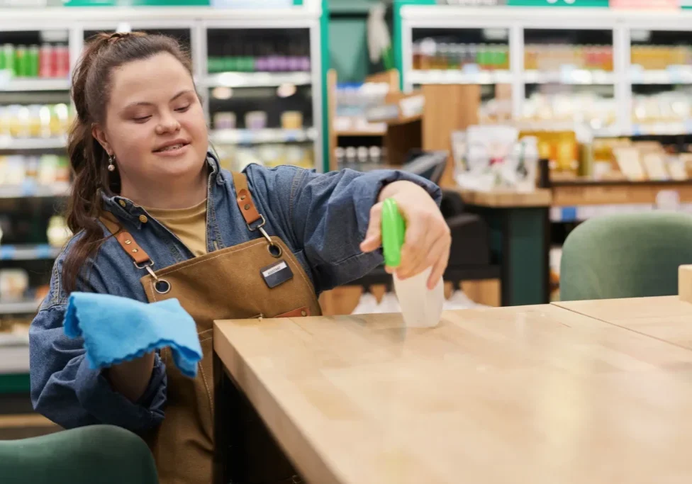 A woman in an apron is cleaning the table.