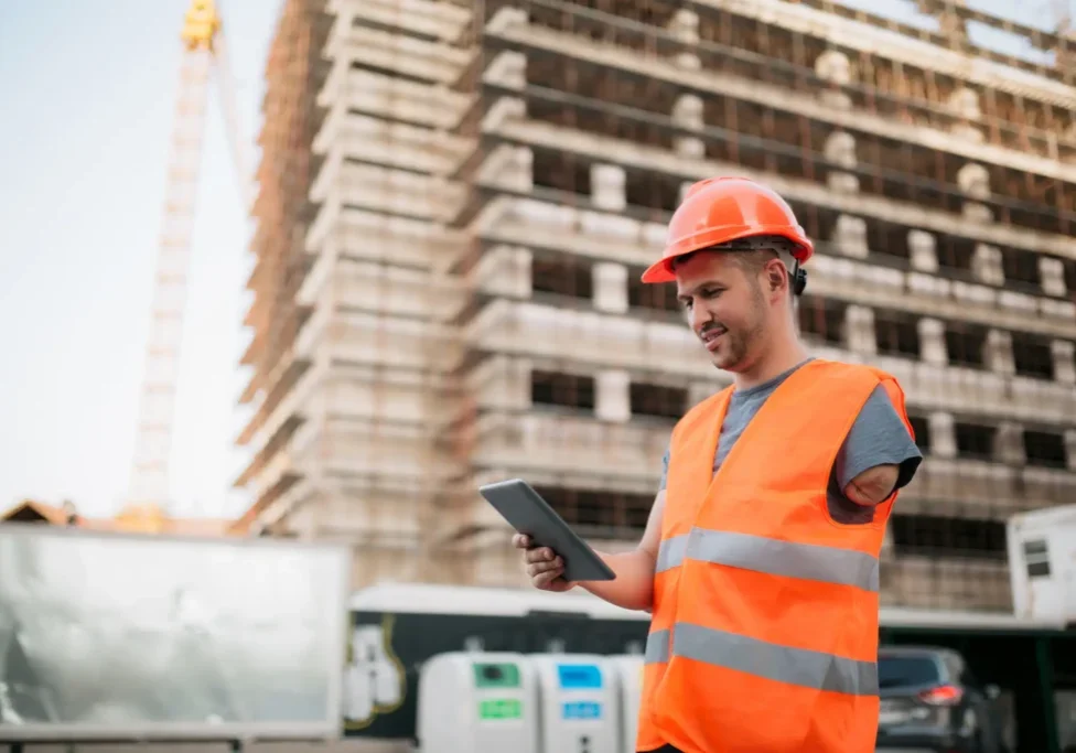 A man in an orange vest and hard hat holding a tablet.